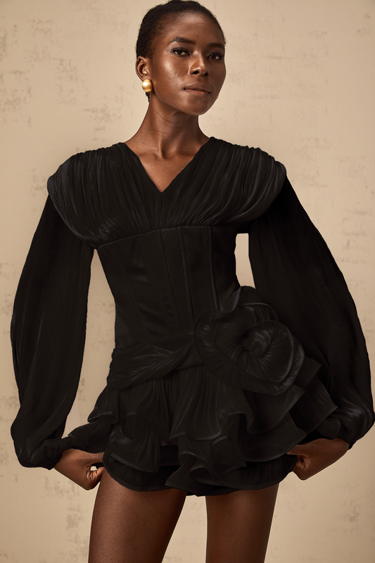 Rosier fully-pleated cinched mini dress in Black
