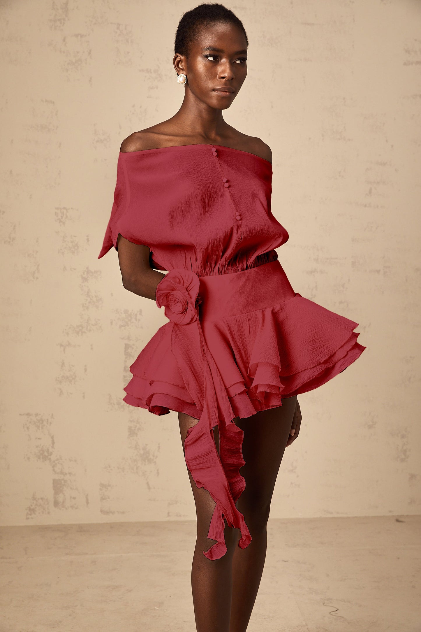 Amélie floral-appliqué flounced mini dress in Red