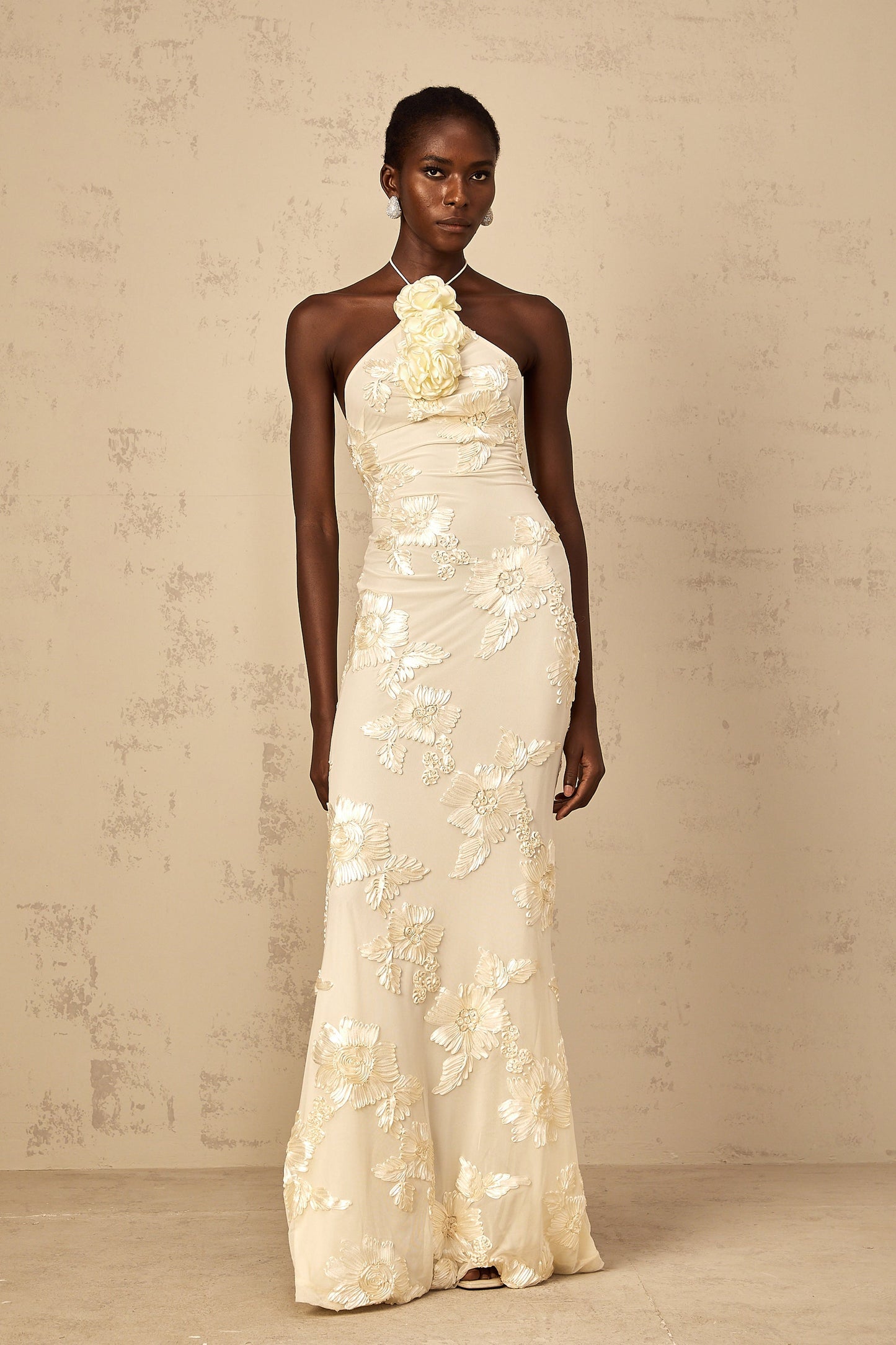 Melanie neutrals embroidered halterneckr maxi dress