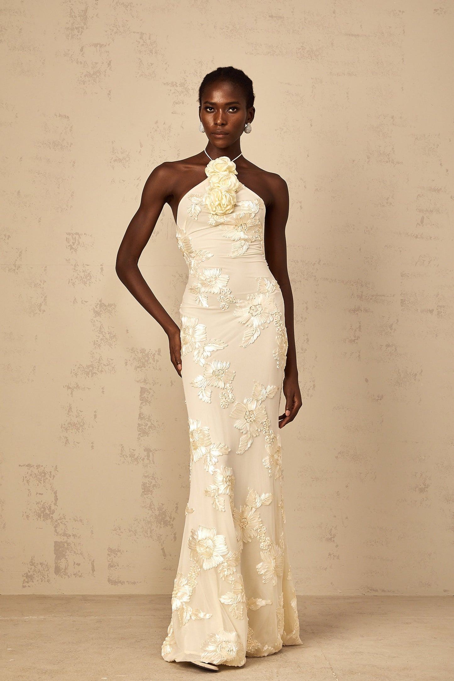 Melanie neutrals embroidered halterneckr maxi dress