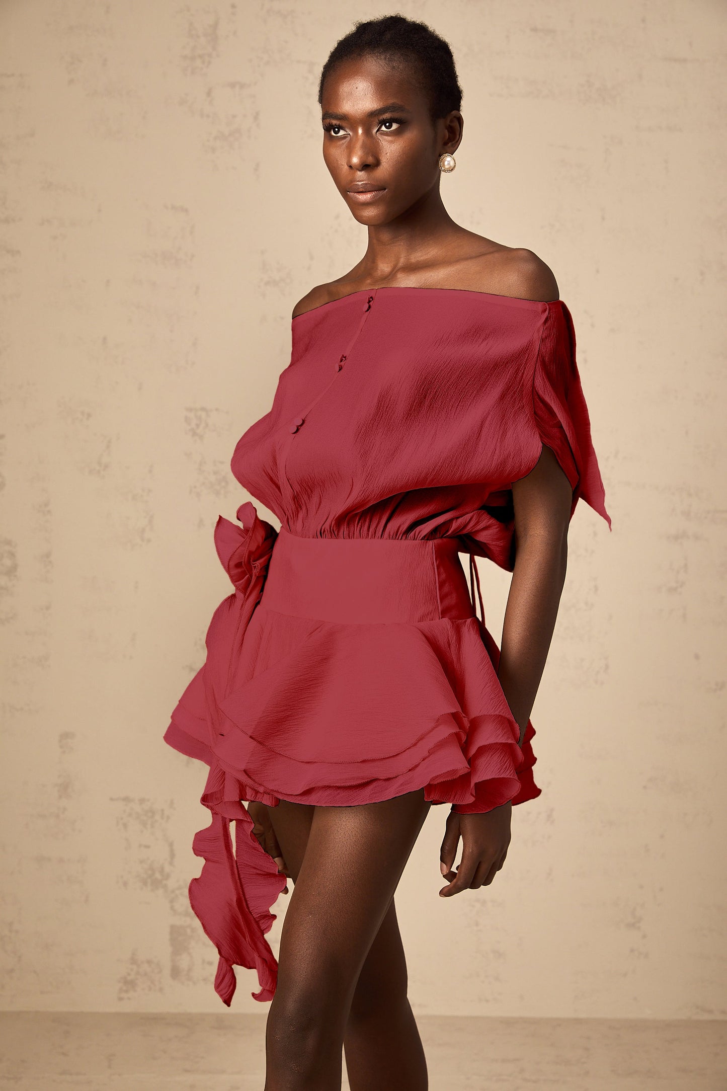Amélie floral-appliqué flounced mini dress in Red
