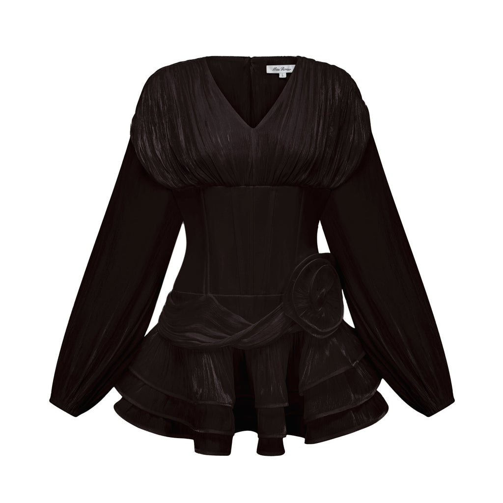 Rosier fully-pleated cinched mini dress in Black