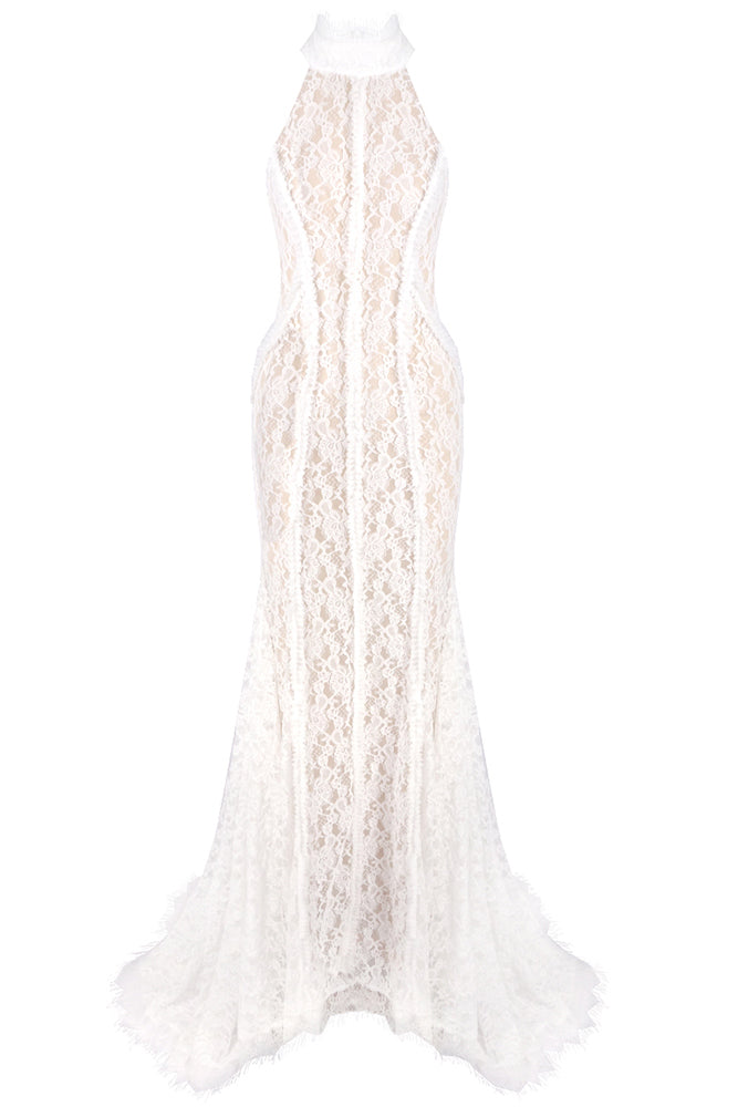 Vestido de novia de encaje con espalda abierta y cuello halter