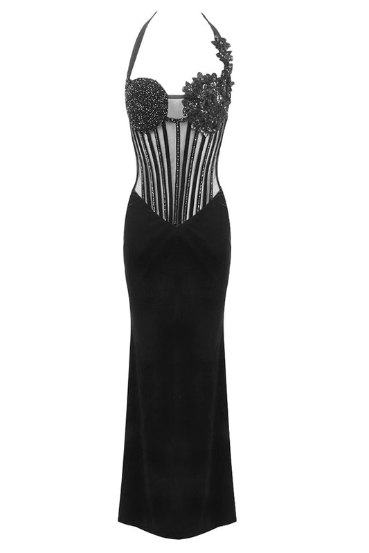 Halter Sequin Velvet Maxi Dress