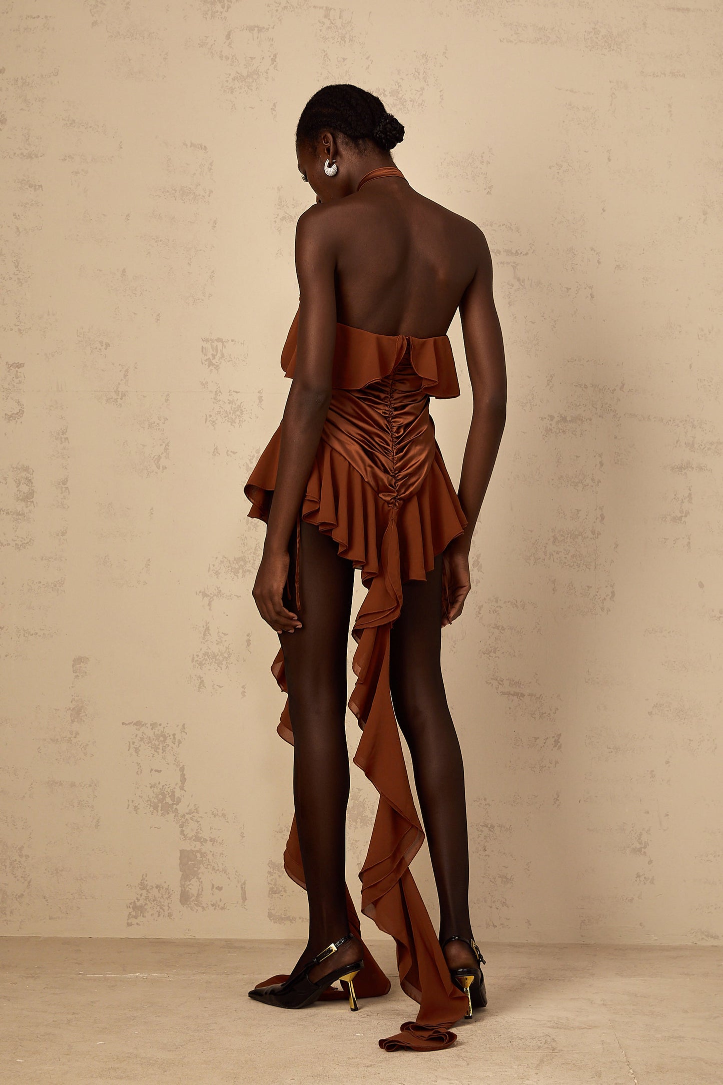 Léonie brown floral-appliqué ruched mini dress