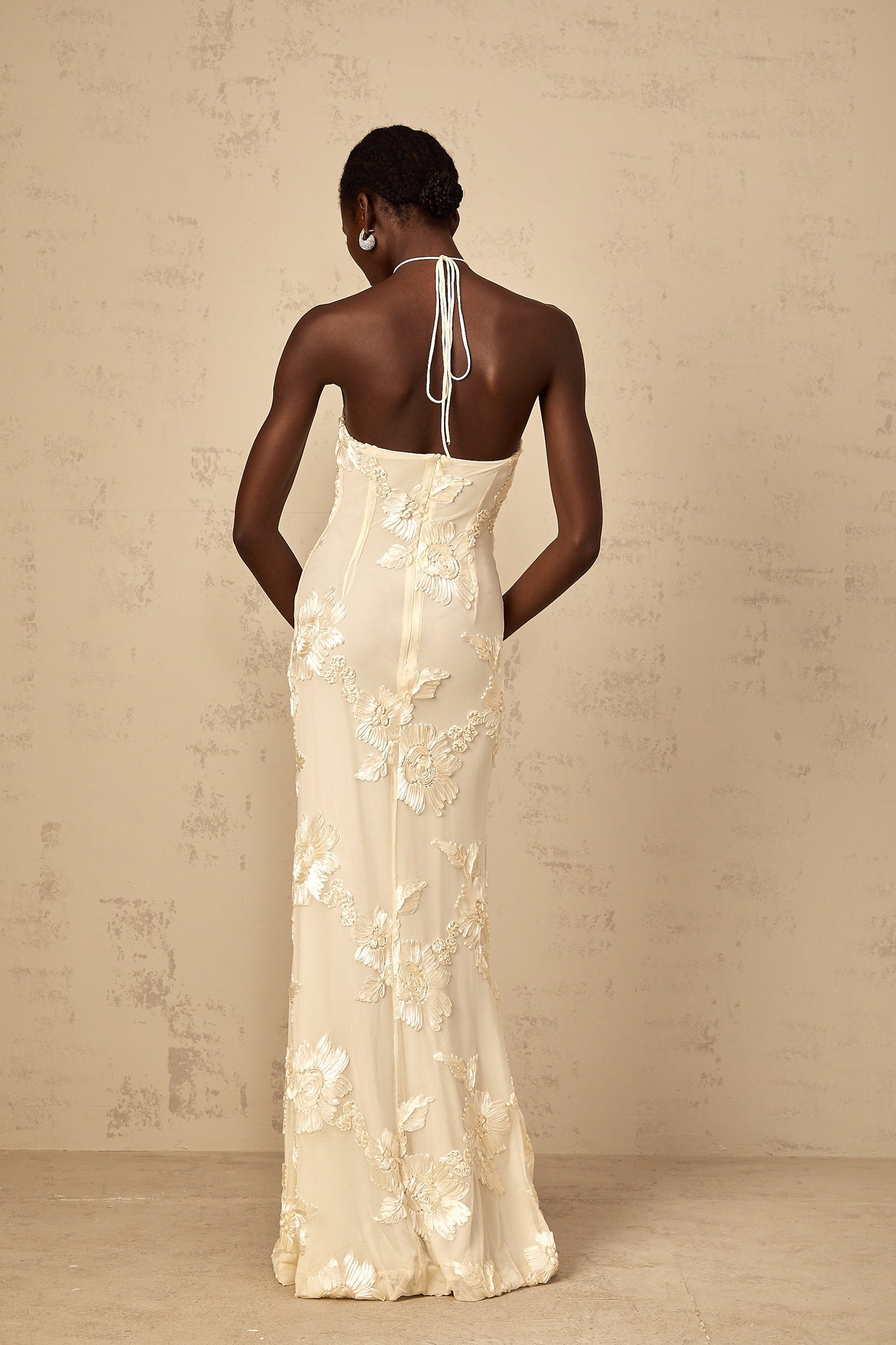 Melanie neutrals embroidered halterneckr maxi dress