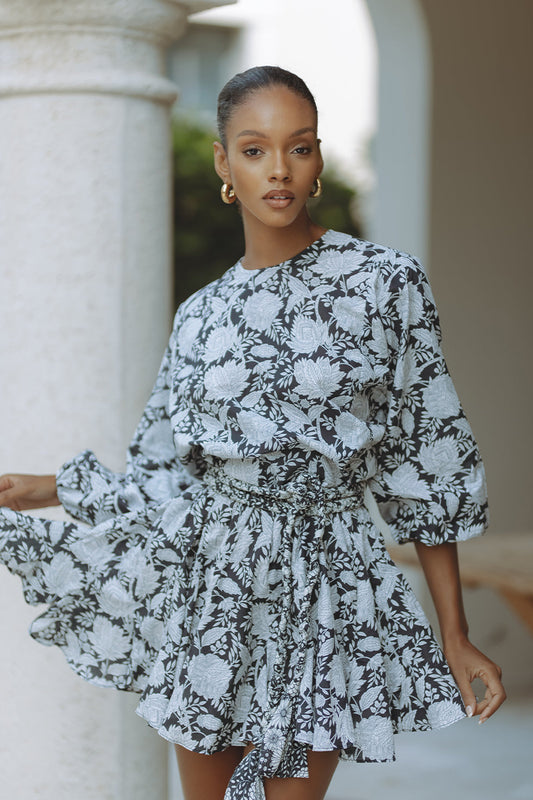 ZILPAH COTTON MINI DRESS - BOTANIC ETCH