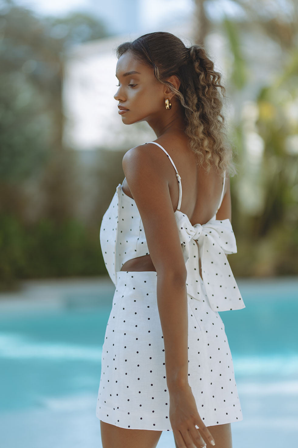 ADA LINEN MINI DRESS - SNOW POLKA