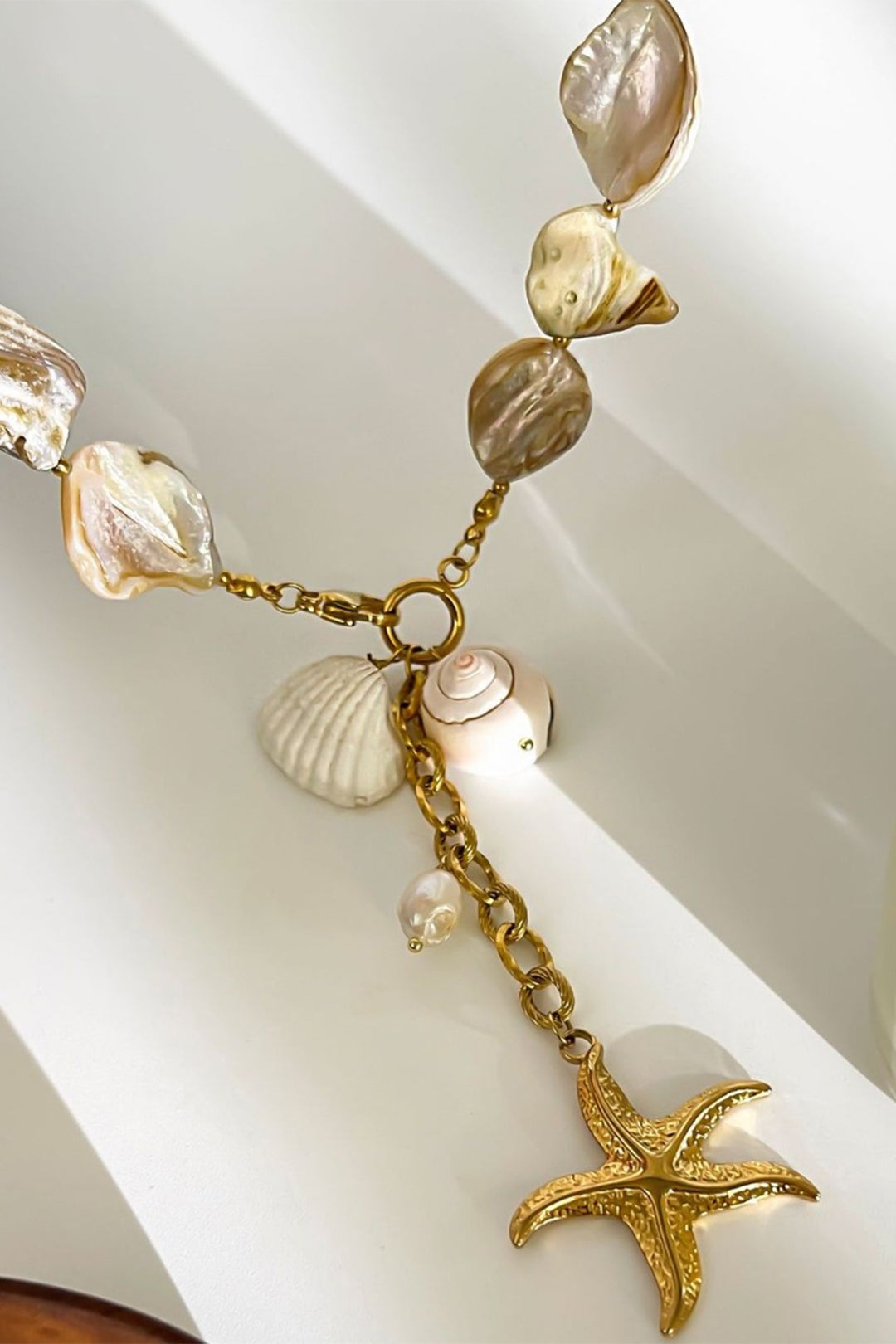 Titanium Steel Irregular Natural Shell Starfish Pendant Necklace