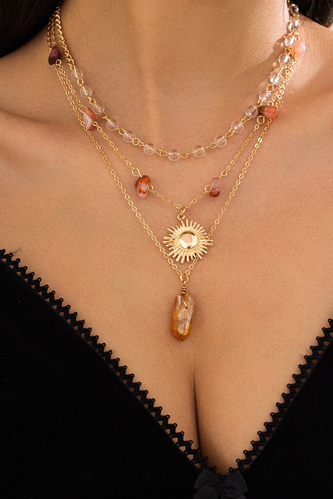 Stone Sunflower Bead Decor Metallic Necklace