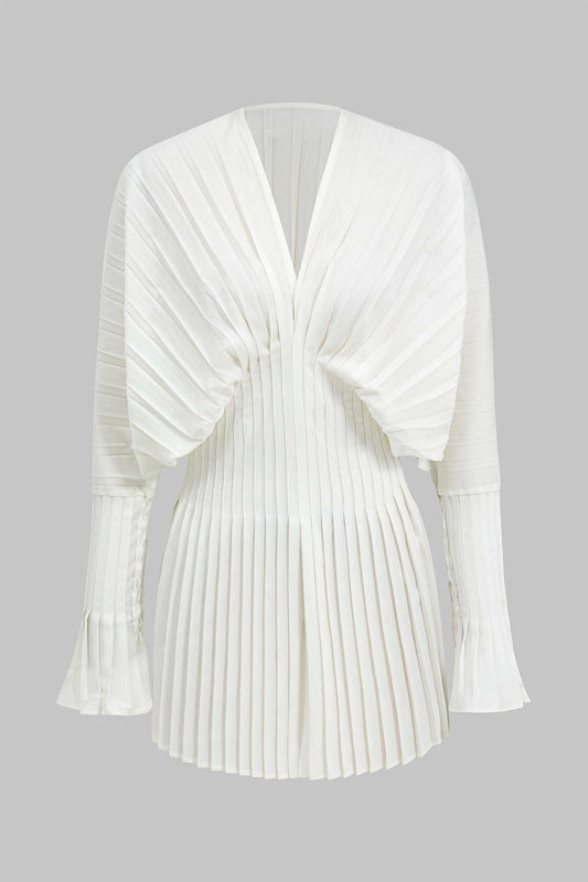 Pleated Bell Sleeve V-Neck Mini Dress